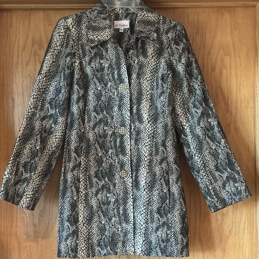 3 Sisters Snakeskin Pattern Gold Rhinestone Buttons Shiny Trench Coat Jacket Med